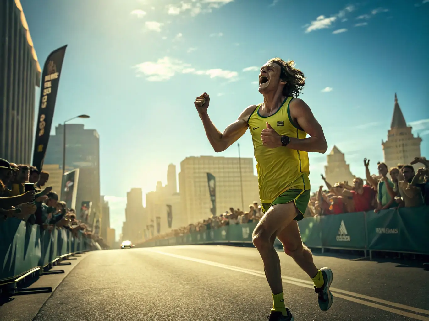 An energetic image of a runner sprinting with determination, highlighting the Landerlan Gold Pre-Workout Boost as the catalyst for enhanced focus, stamina, and performance.