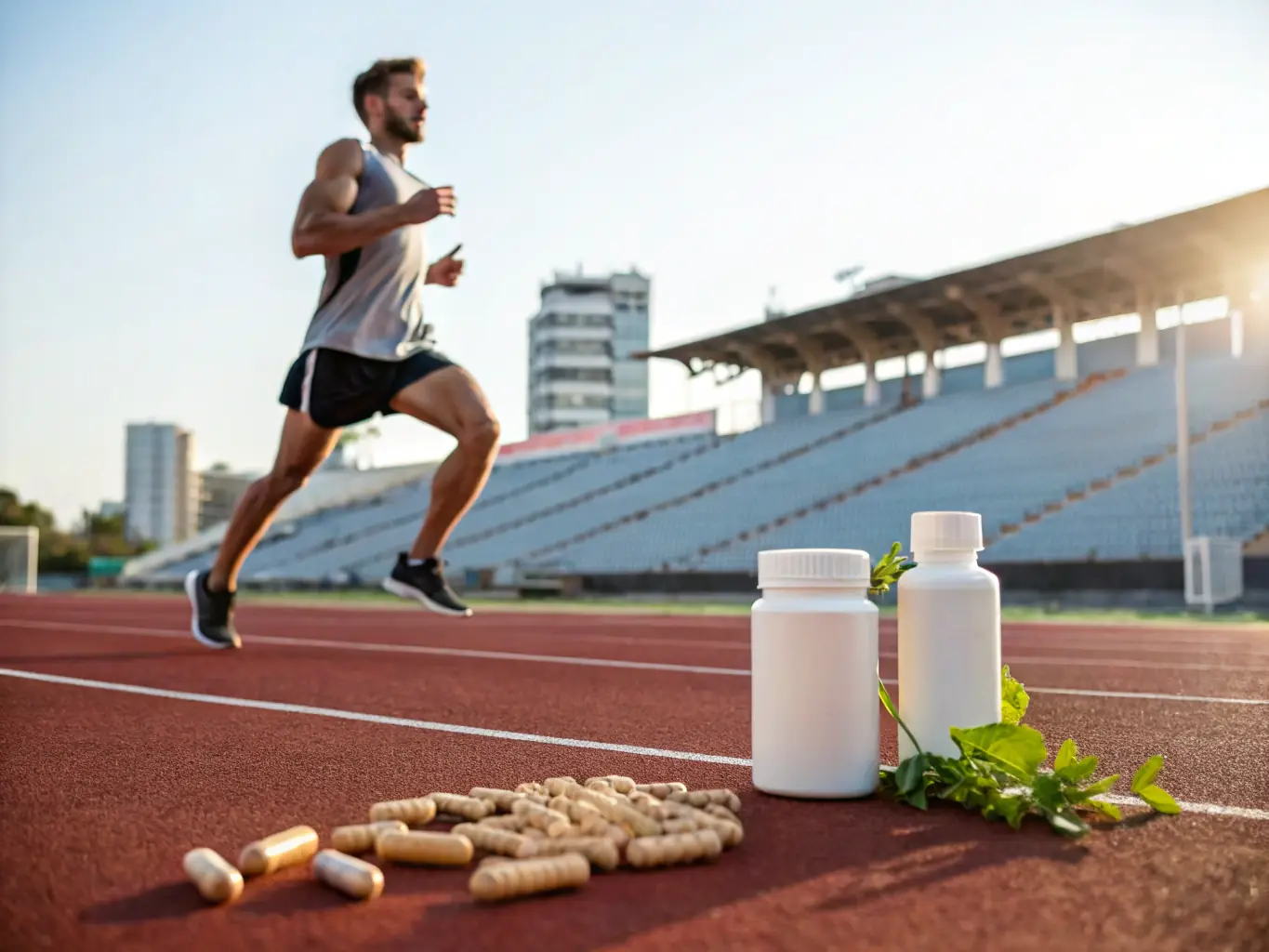 A dynamic shot of an athlete mid-workout, intensely focused, with a shaker bottle of Landerlan Gold High-Performance Protein visible in the background, symbolizing muscle recovery and growth.