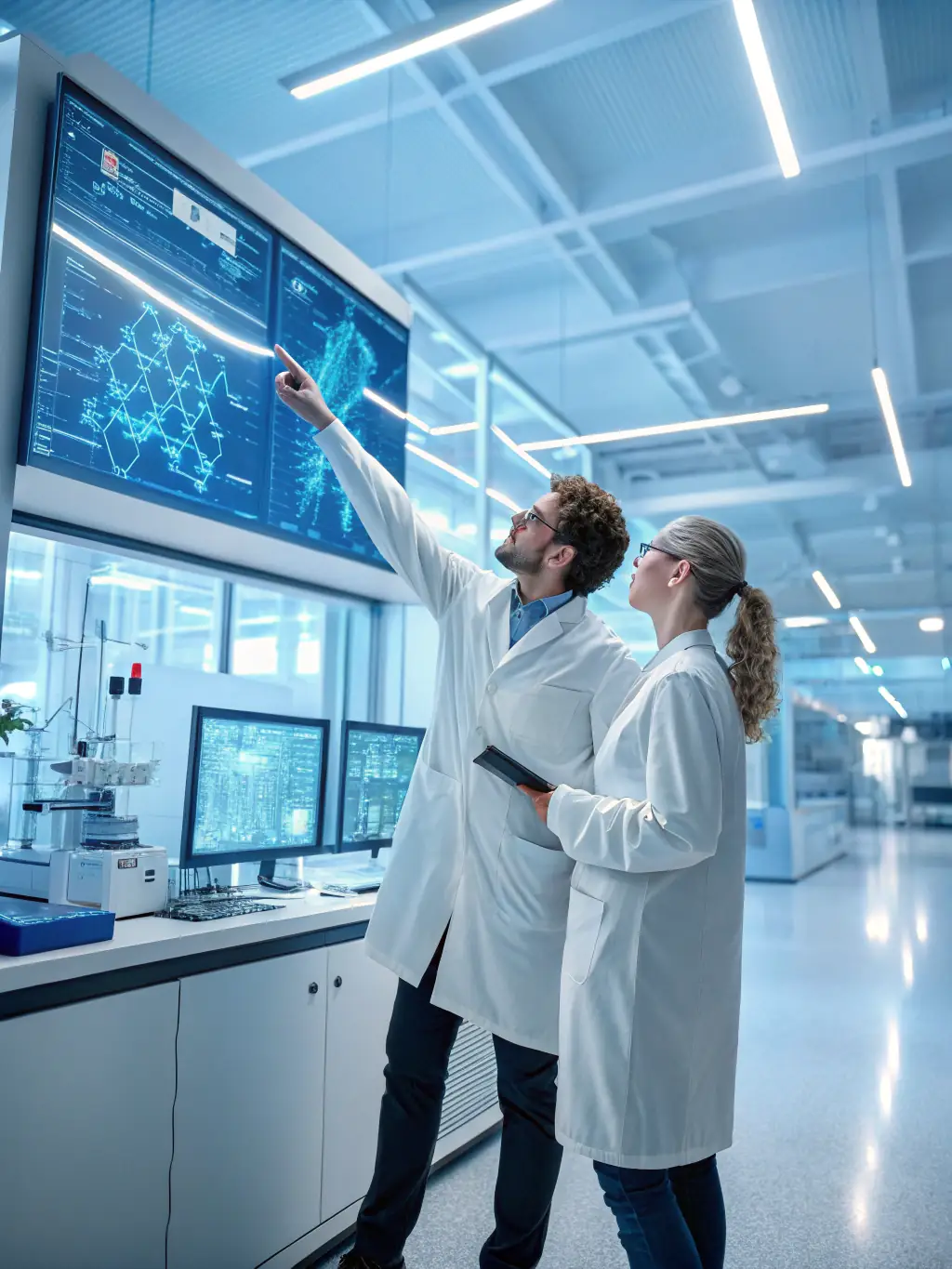 A close-up shot of a scientist in a lab coat using a high-tech microscope to analyze a supplement sample, highlighting the precision and scientific rigor behind Landerlan Gold's product development.