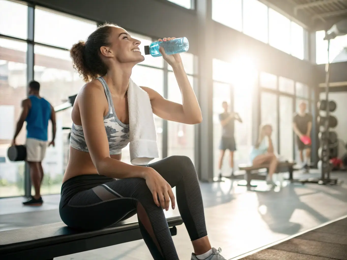 A refreshing scene of an athlete rehydrating after a strenuous workout, emphasizing the importance of Landerlan Gold Recovery & Hydration for restoring electrolytes and nutrients.